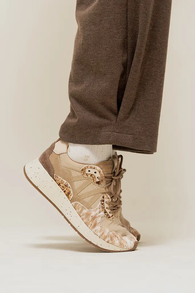 SKYLINE - Baskets Bi-matière à Plateforme en Cuir Beige