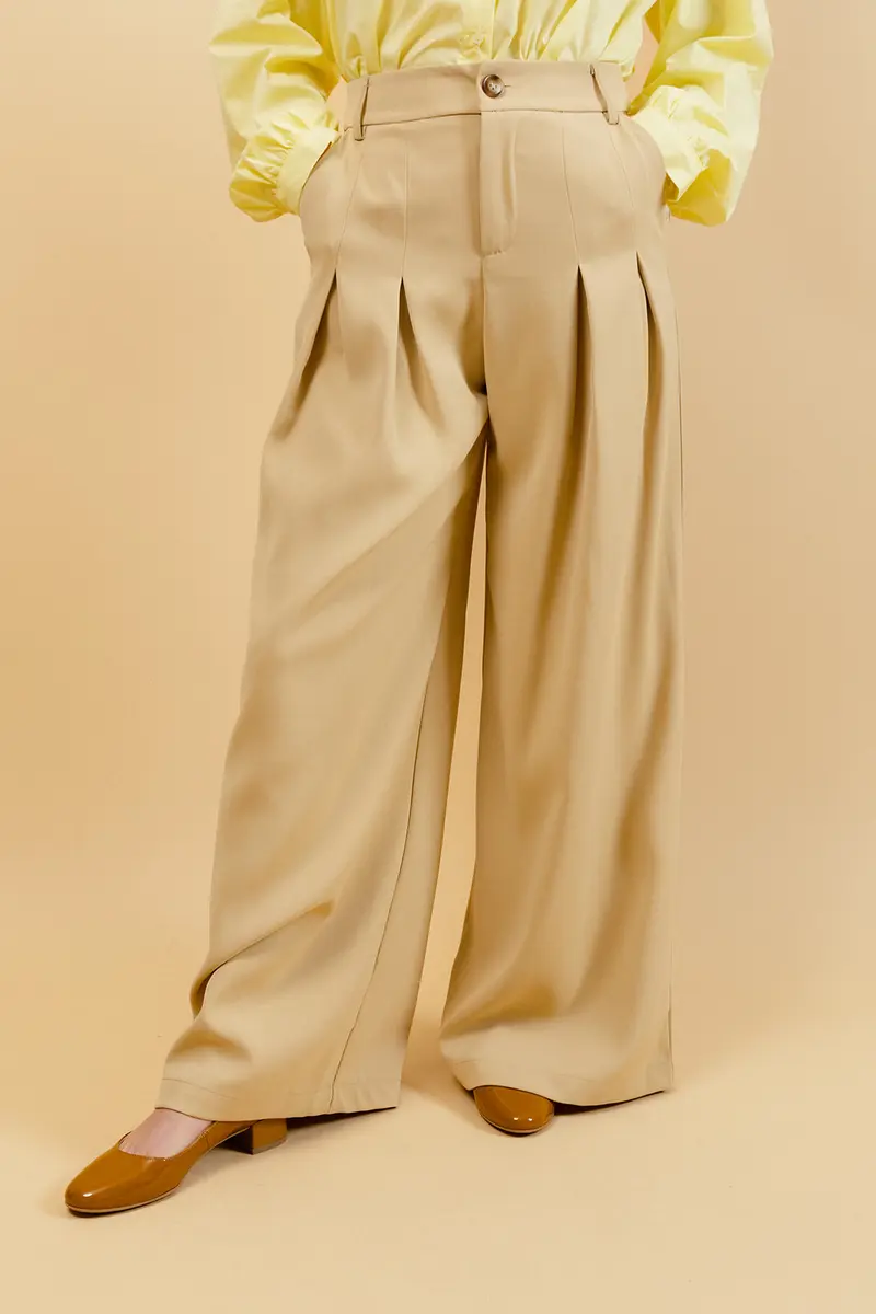 SOLÉA - Pantalon Uni Beige à Jambes Larges