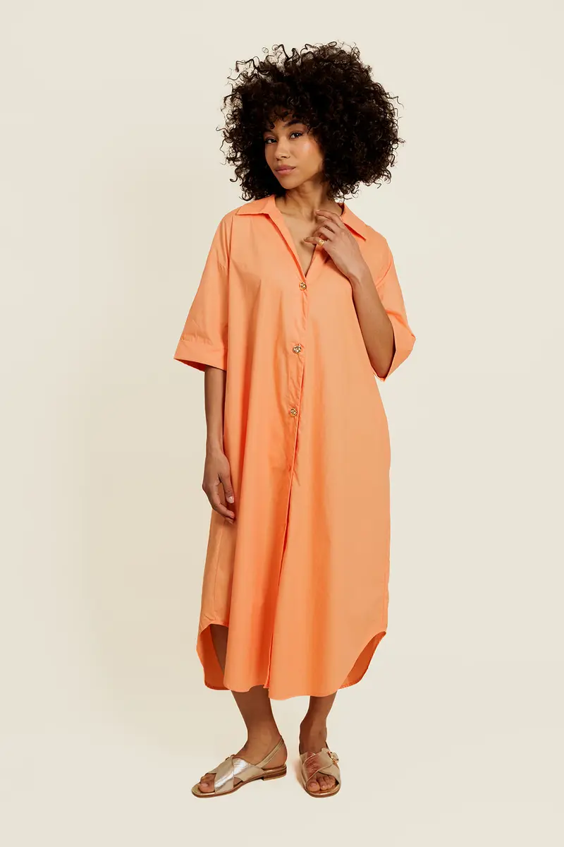 SOLÉRIE - Robe Chemise Orange oversize avec Bouton Bijoux