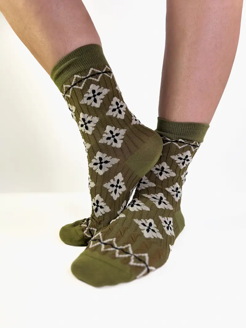 SQUARE - Chaussettes Graphiques Kaki, Crème & Noir