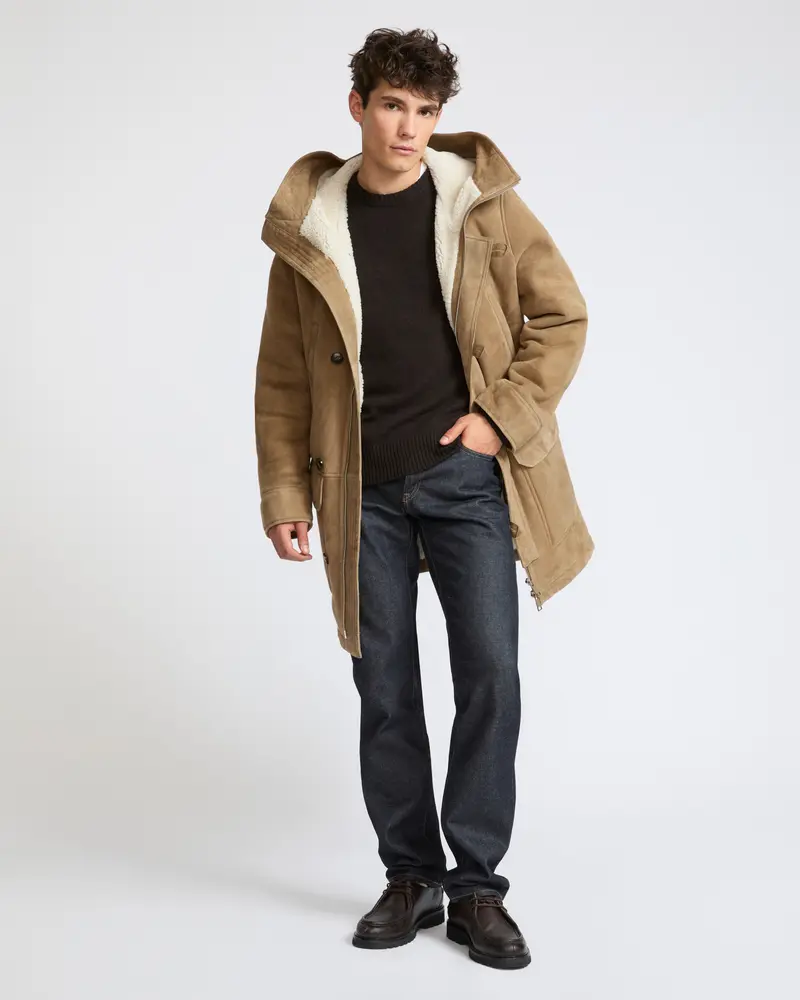 Suede lambskin shearling parka with curly wool