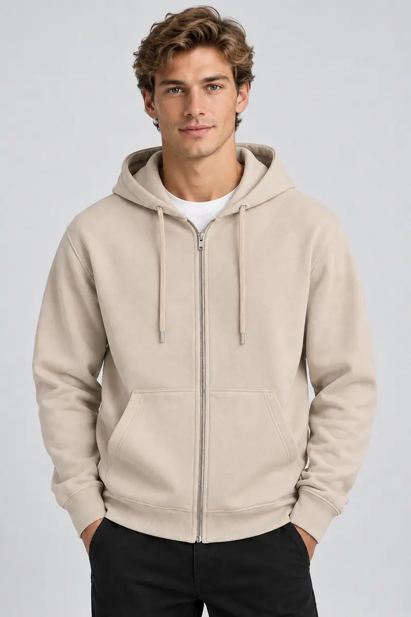 Sweat à capuche homme beige zippé à poches