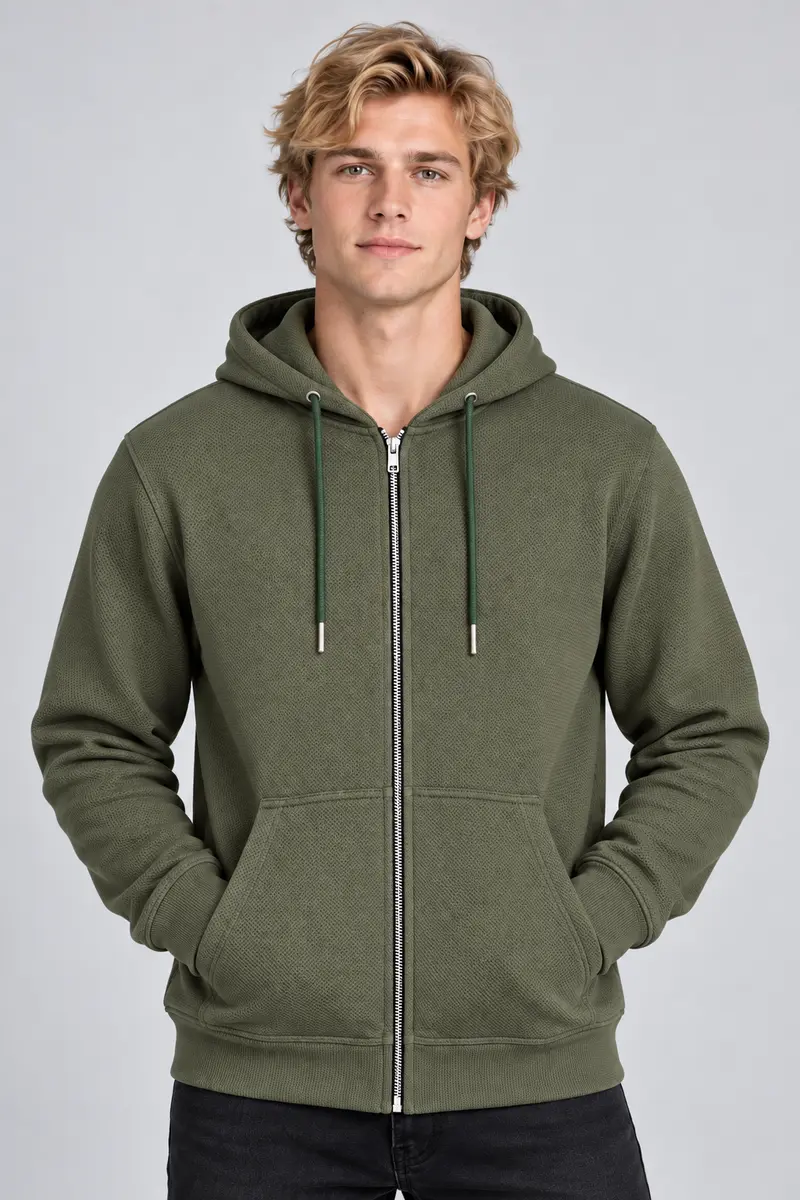 Sweat à capuche homme vert zippé à poches