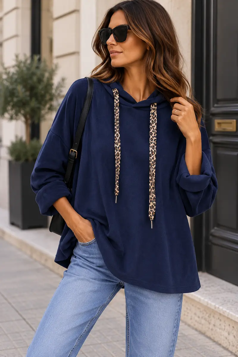 Sweat à capuche velours piqué cordon léopard bleu marine