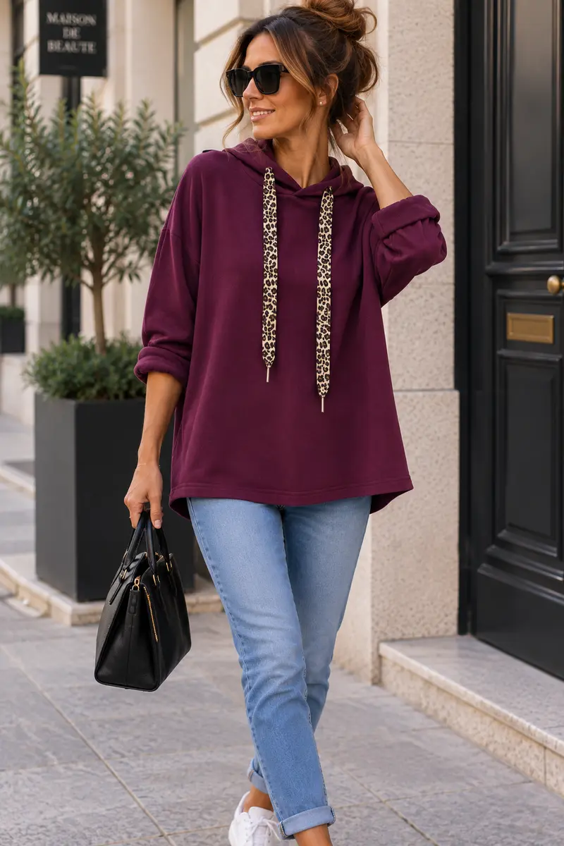 Sweat à capuche velours piqué cordon léopard bordeaux