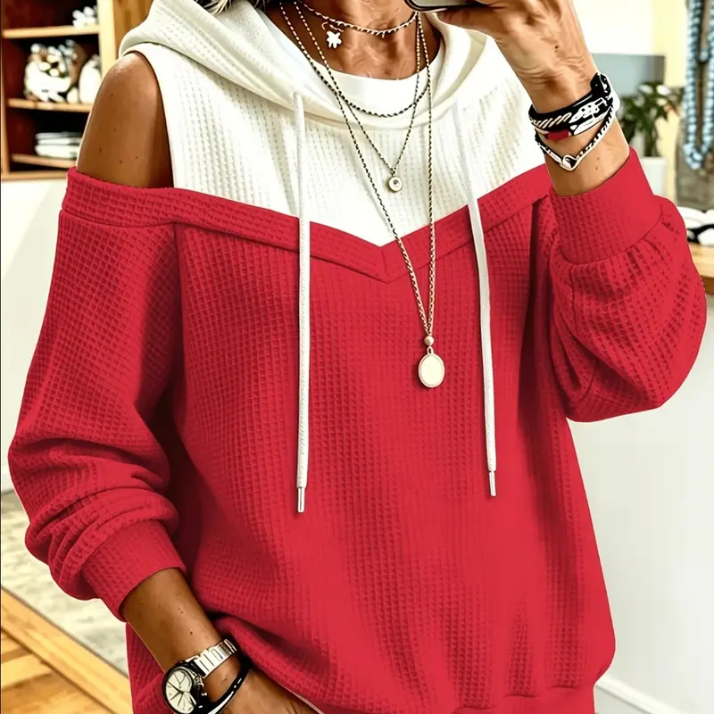 Sweat-shirt femme ample à épaules dénudées, maille gaufrée color block