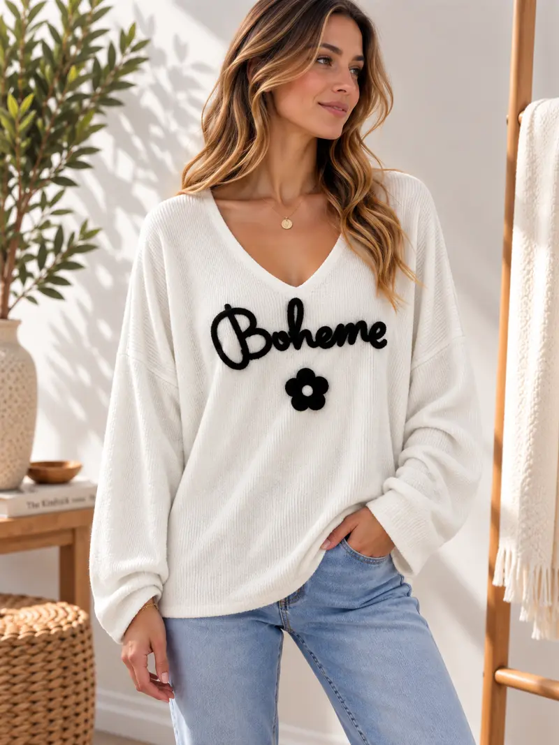Sweat velours Bohème col V blanc
