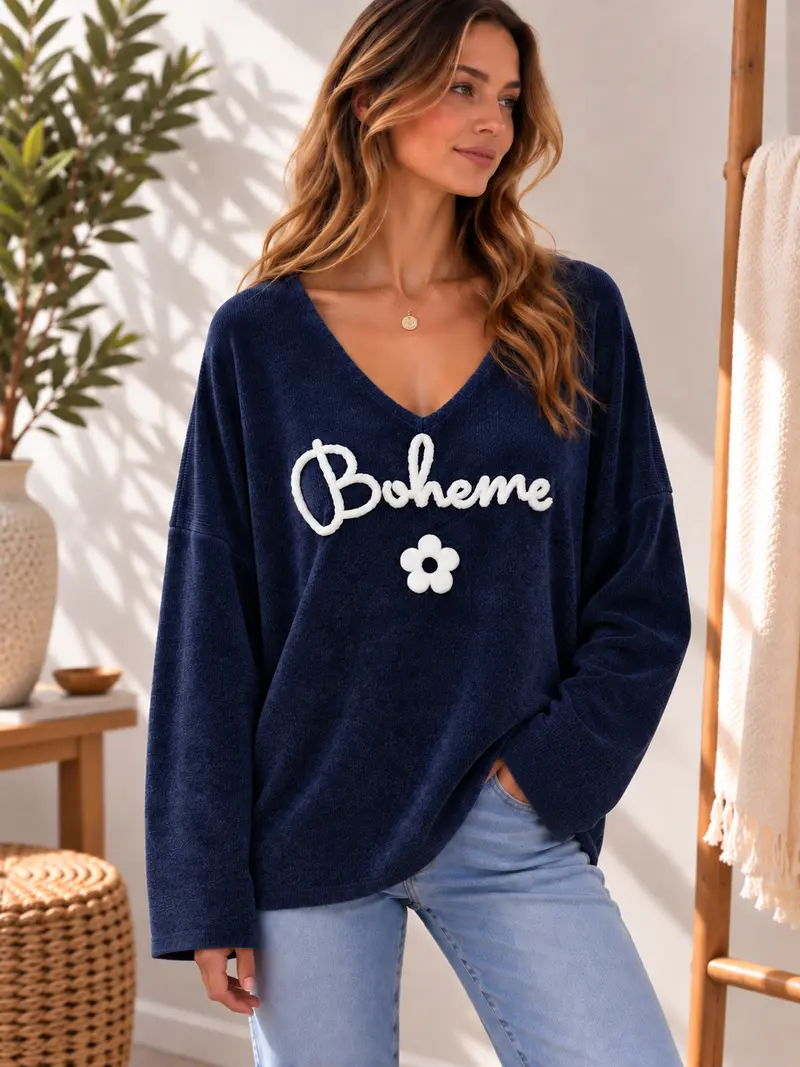 Sweat velours Bohème col V bleu marine