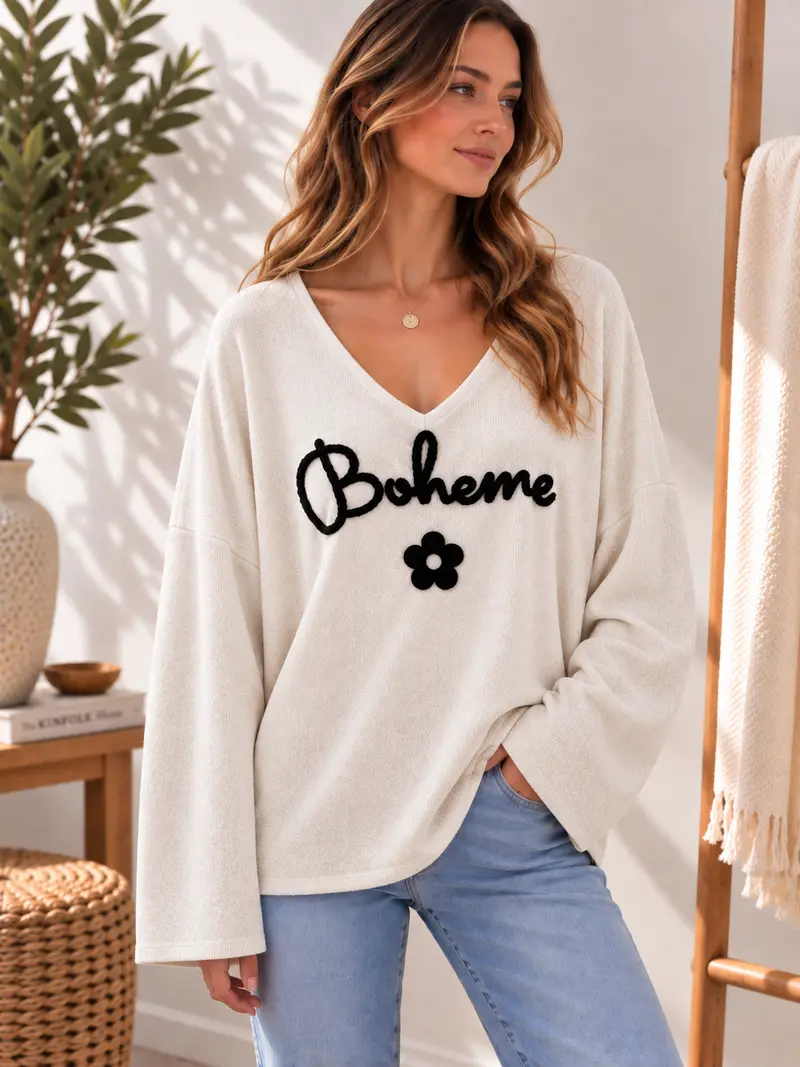 Sweat velours Bohème col V écru