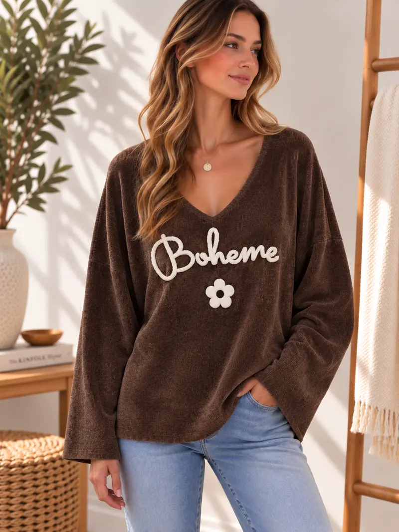 Sweat velours Bohème col V marron