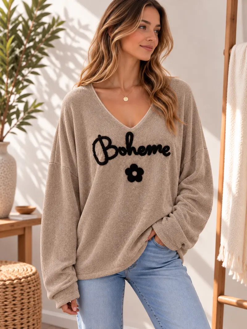 Sweat velours Bohème col V sable