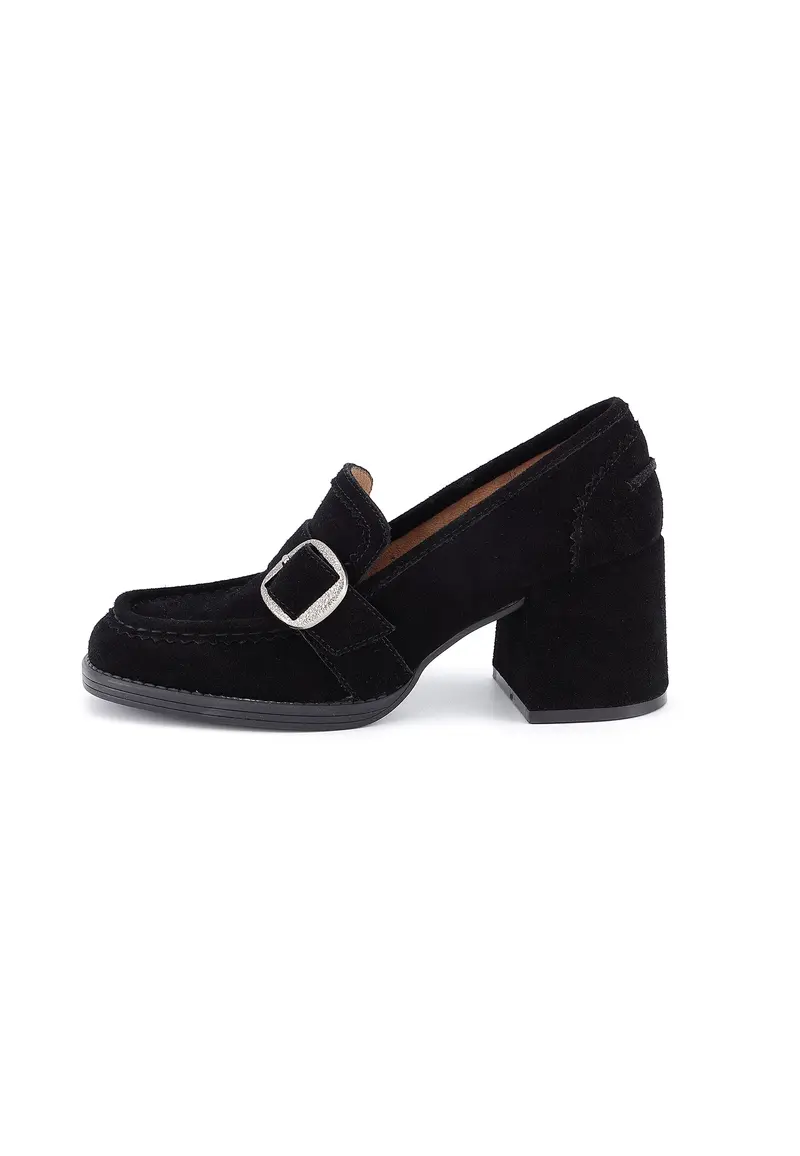SYLVIE - Mocassins à Talon en Croûte de Cuir Noir