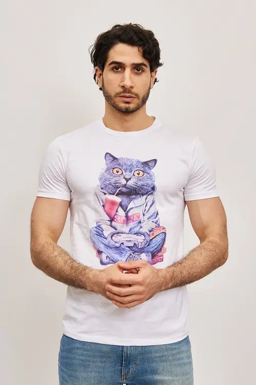 T-Shirt à manches courtes blanc graphique chat fashion homme