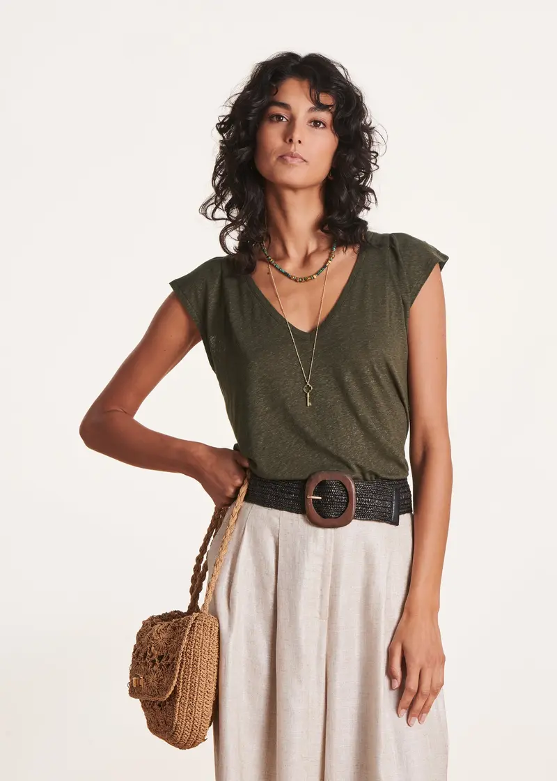 T-shirt ample kaki manches courtes en lyocell lin