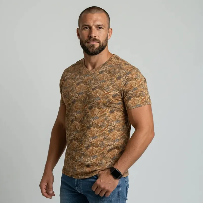 T-shirt beige floral col V