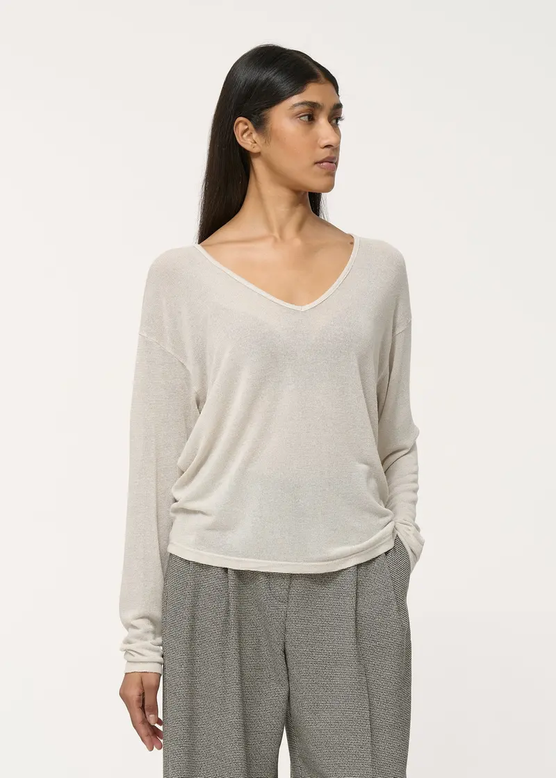 T-shirt beige irisé oversize à col V et manches longues