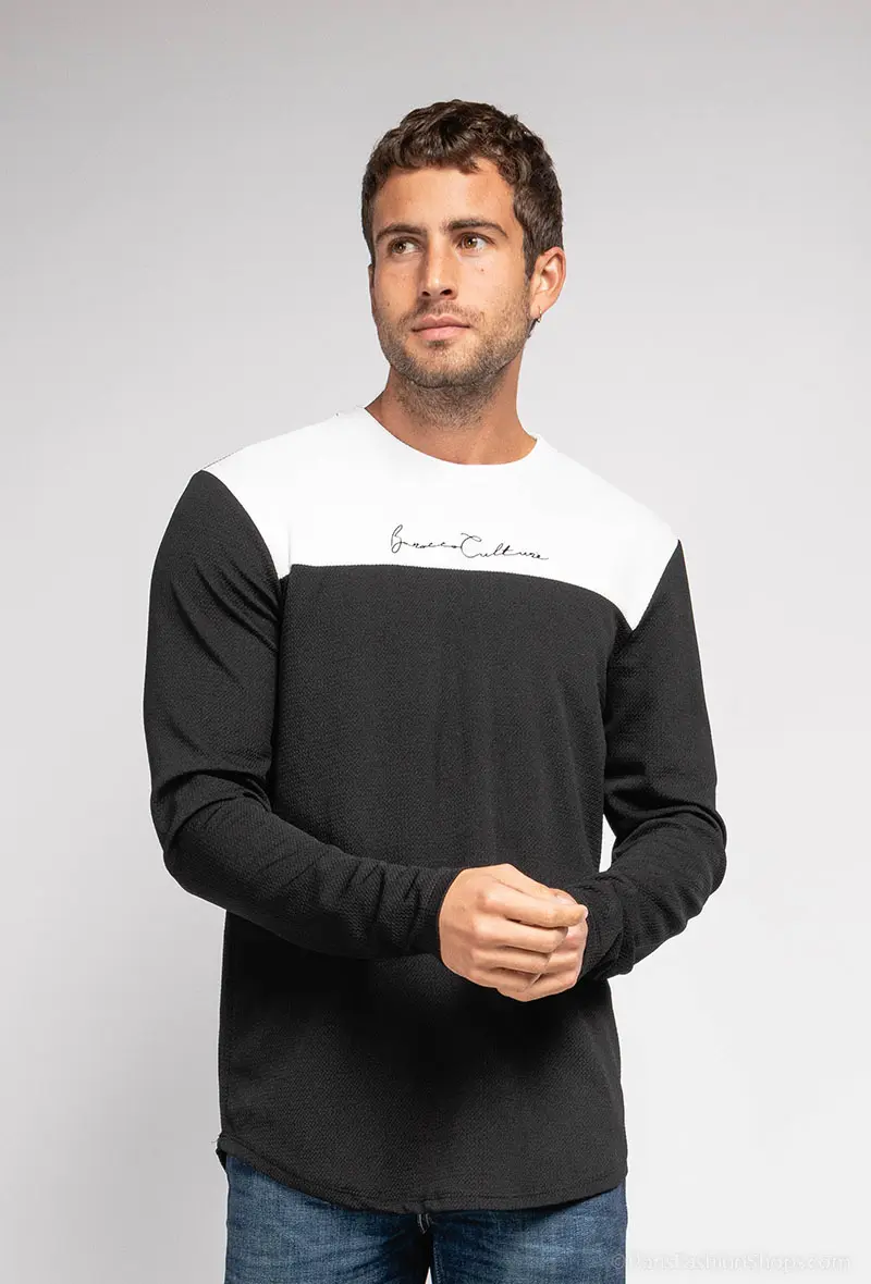 T-shirt Bicolore Noir & Blanc à Manches Longues – Broderie Style Calligraphie