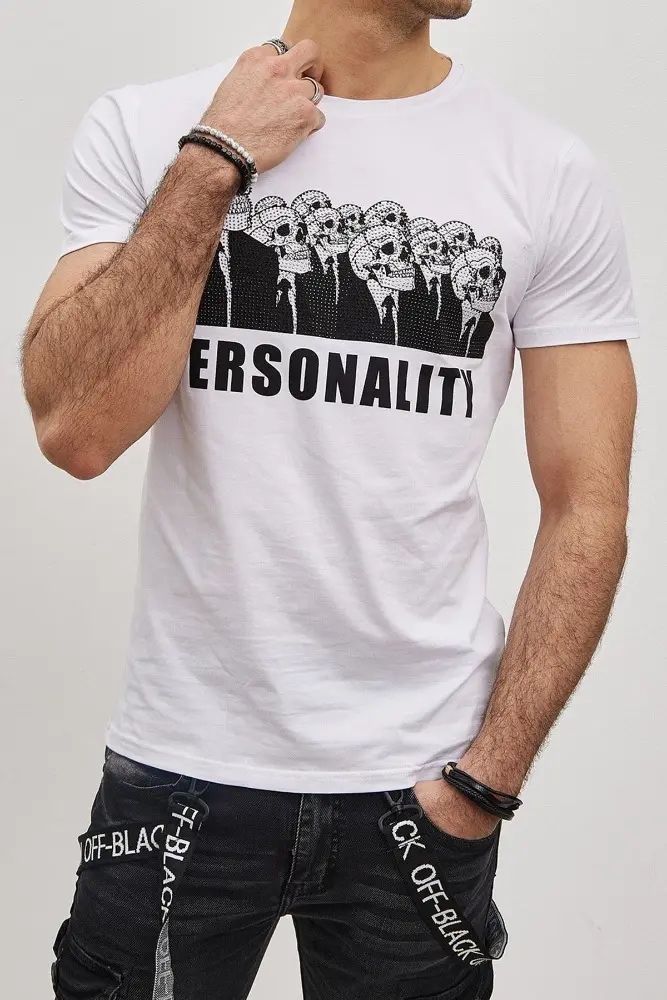T-shirt blanc avec imprimé tête de mort et strass homme fashion