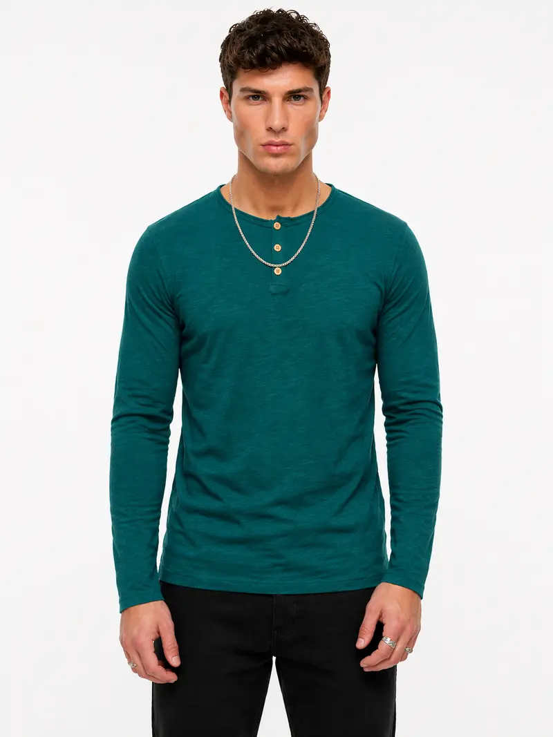 T-shirt bleu canard col boutonné