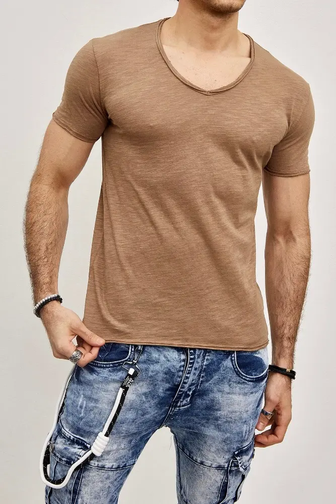 T-shirt col en V camel coton homme fashion