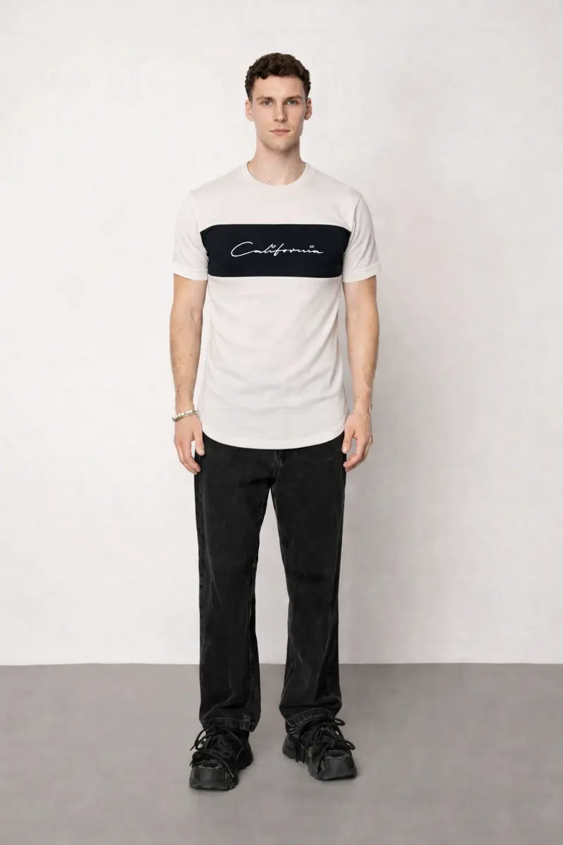 T-shirt col rond bande coloré blanc-noir fashion homme