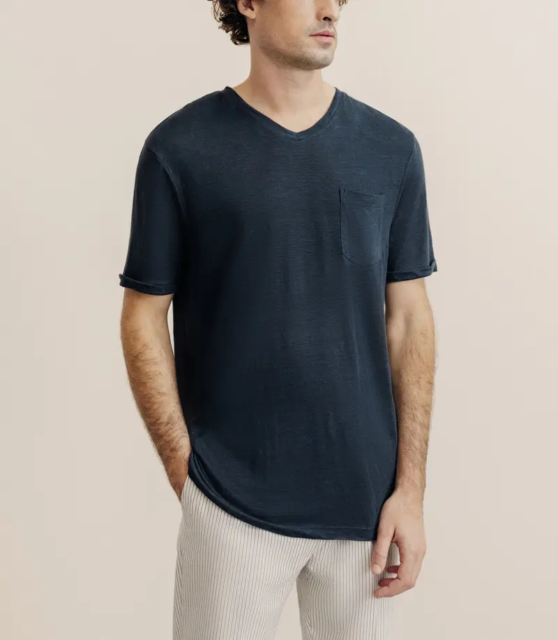 T-shirt col V 100% lin marine
