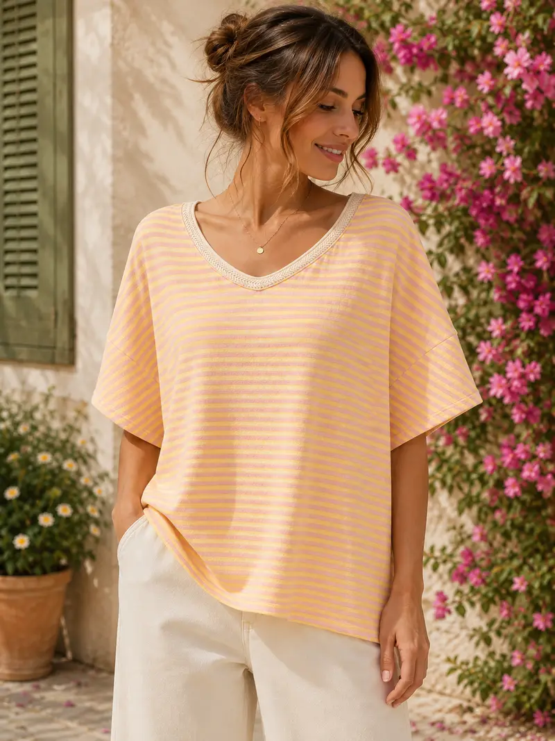 T-shirt col V rayé jaune/rose