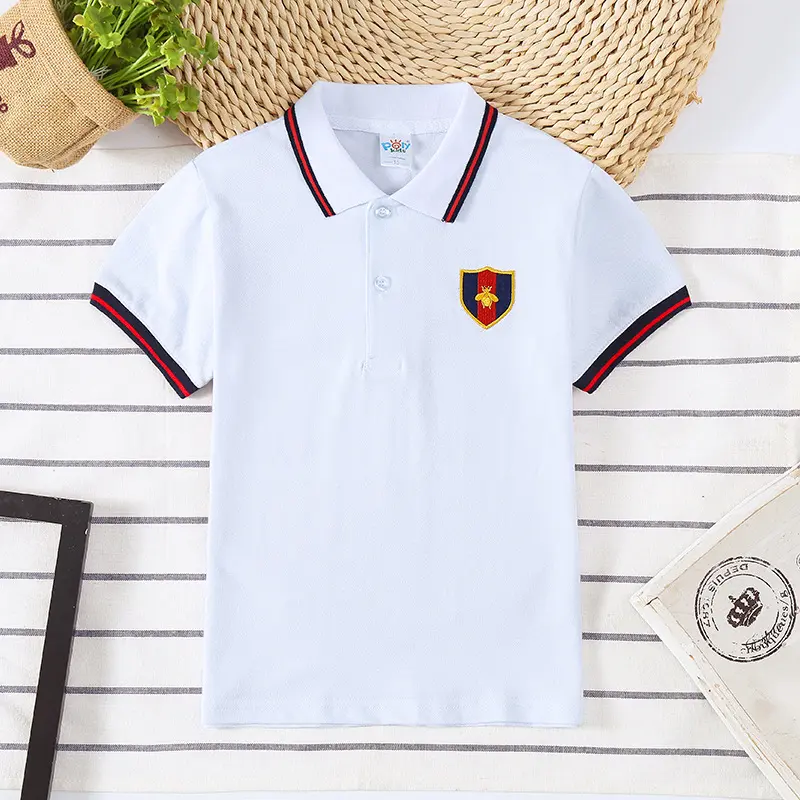 T-shirt Garçon Manches Courtes Col Revers Style Coréen 95% Coton – Enfant 3–8 Ans