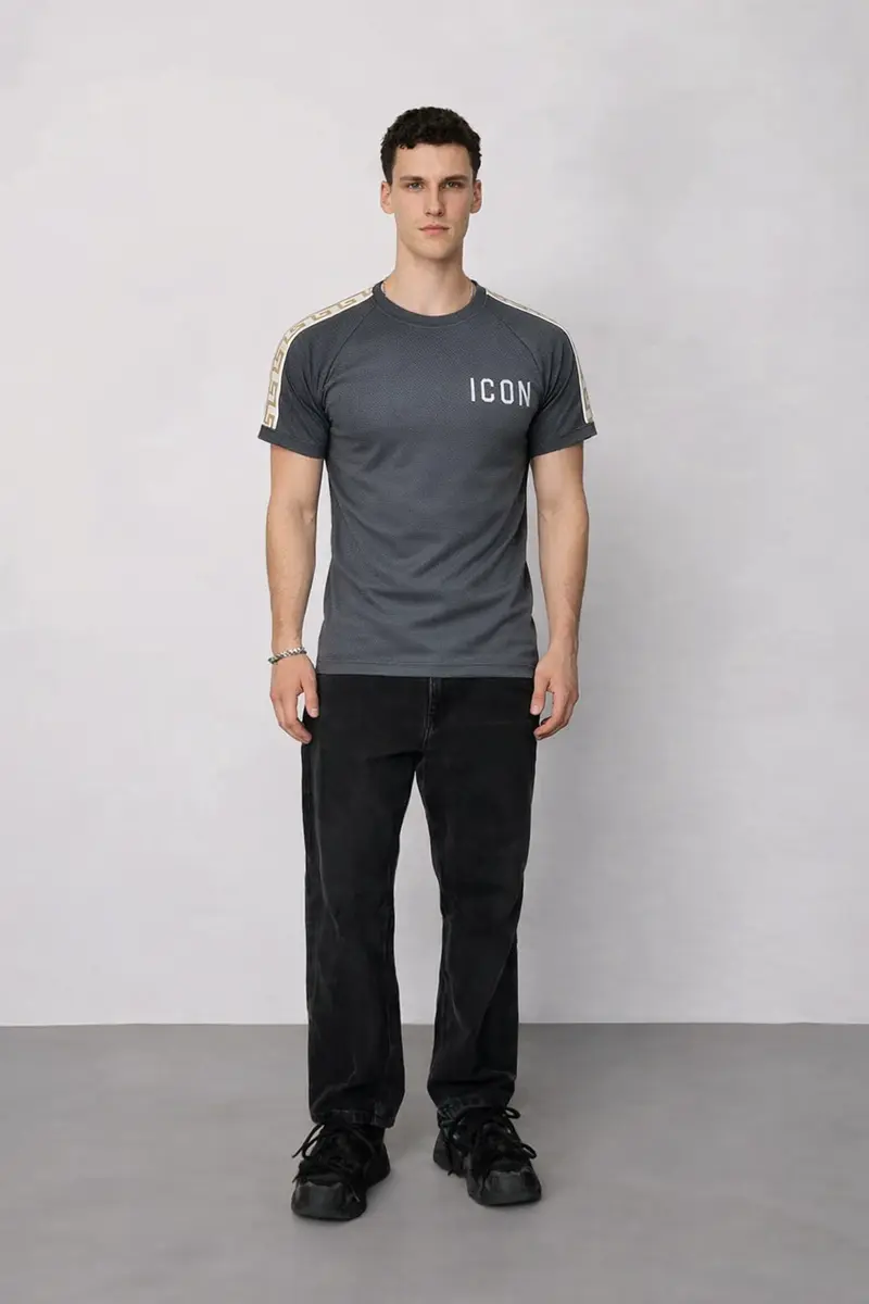 T-shirt gris foncé manches courtes col rond texte Icon fashion homme