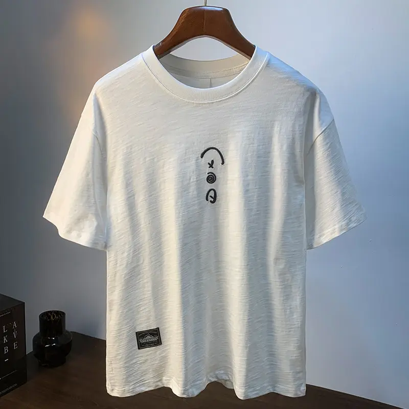 T-Shirt Homme Coton Blanc Brodé Coupe Ample Légère Grande Taille Manches Courtes Été – Blanc & Kaki M–4XL