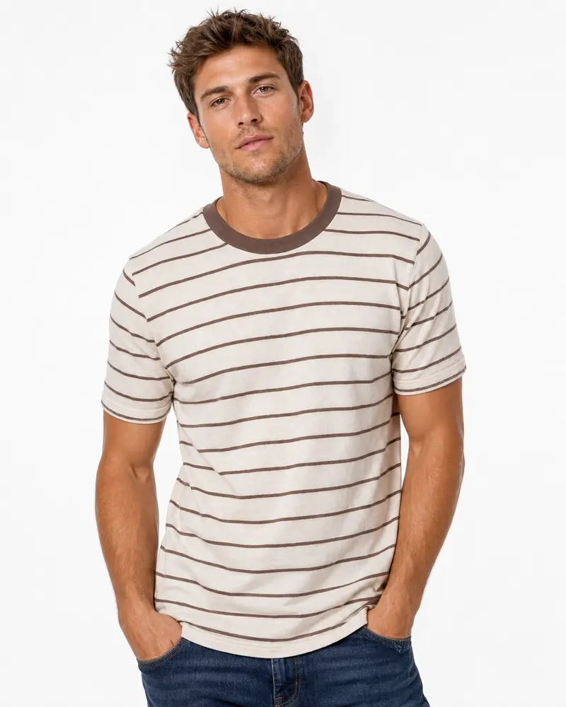 T-shirt homme rayé marron à col contrasté