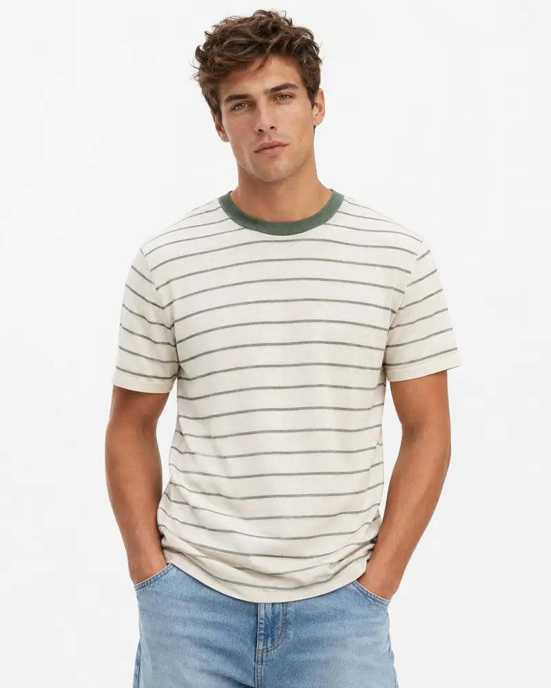 T-shirt homme rayé vert à col contrasté