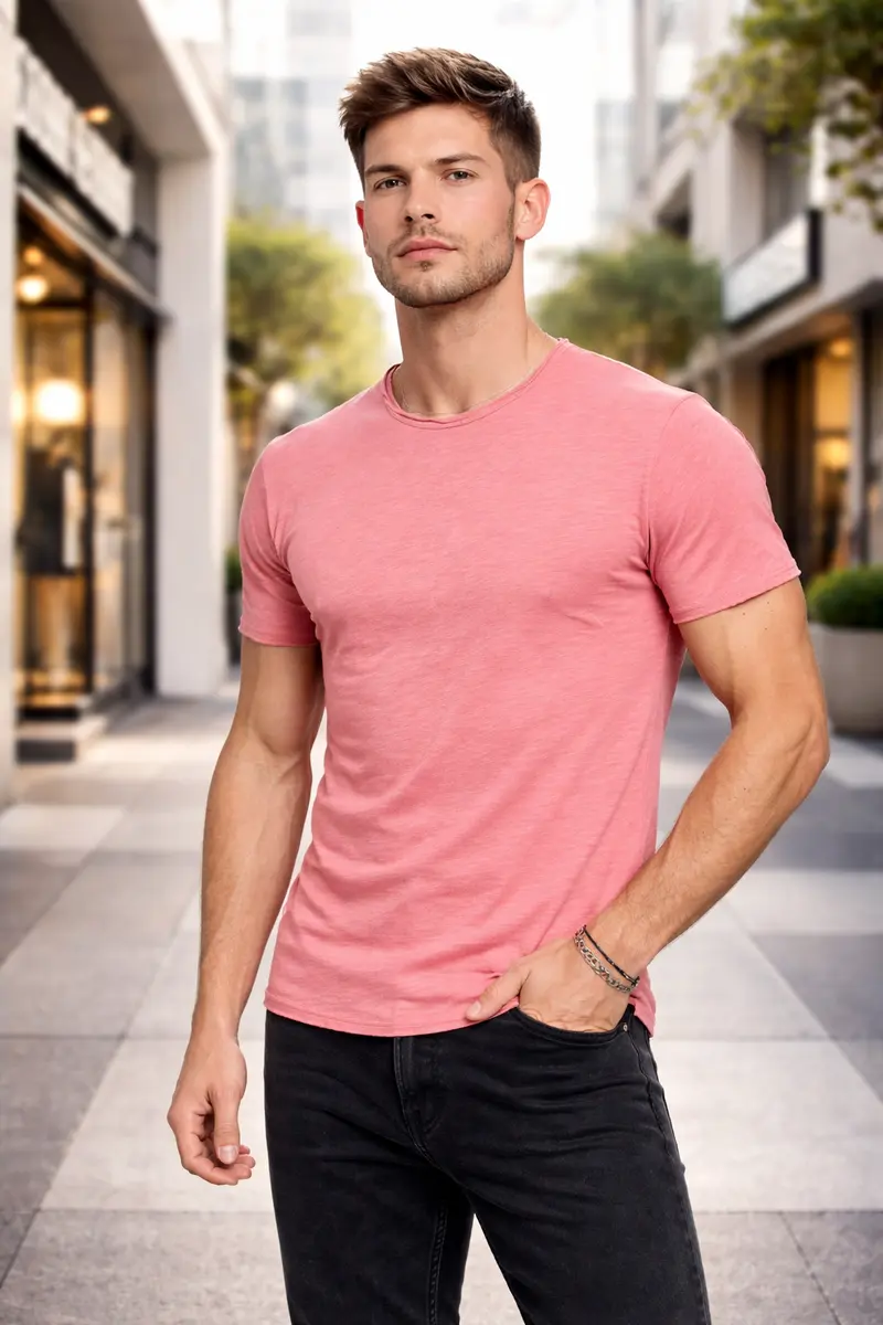 T-shirt homme rose col rond