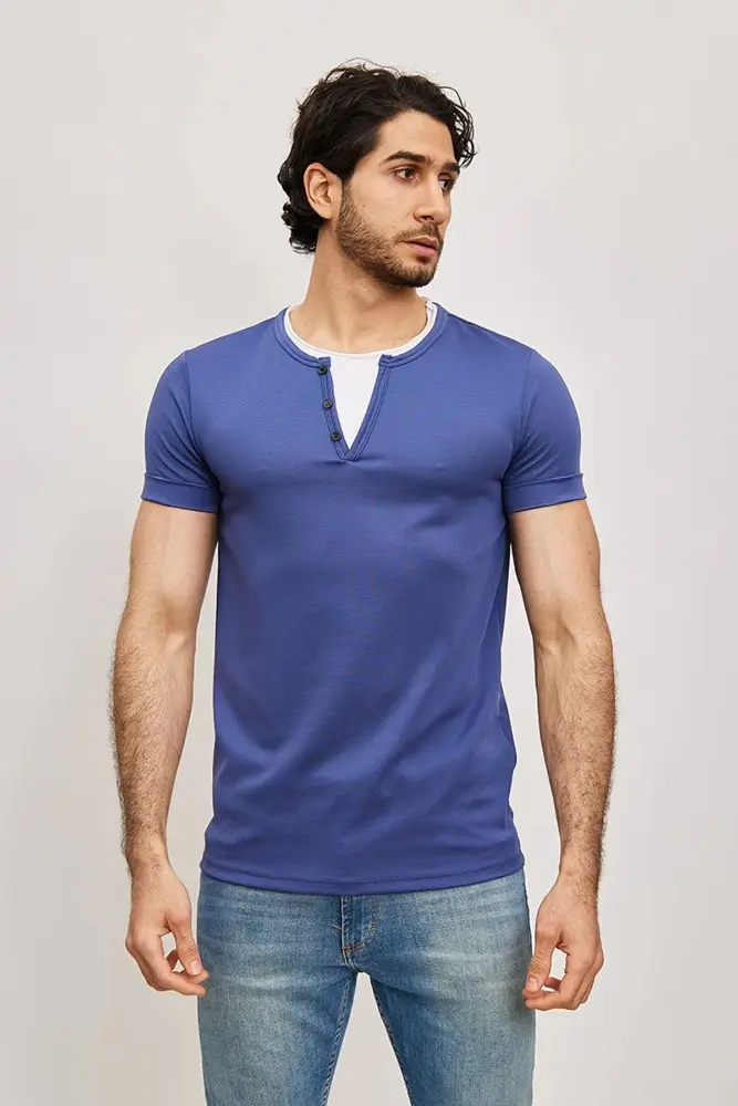 T-shirt manches courtes col en V bleu homme