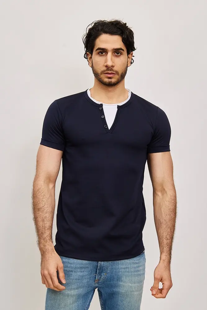 T-shirt manches courtes col en V bleu marine homme