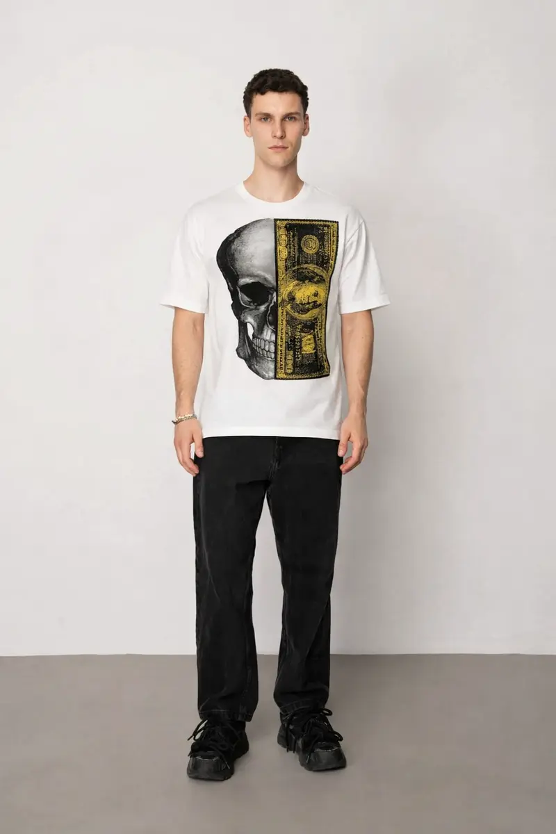T-shirt manches courtes col rond blanc motif gangster fashion homme