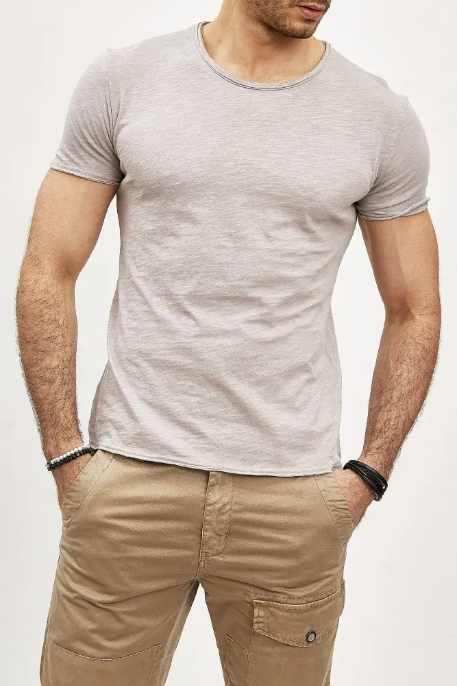 T-shirt manches courtes col rond gris clair coton  homme