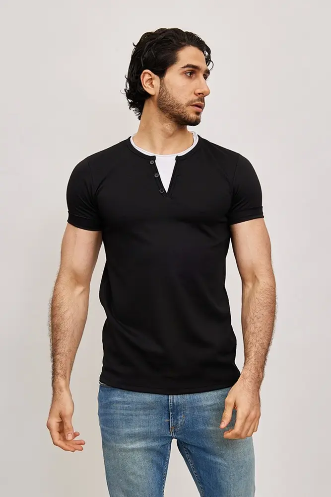 T-shirt manches courtes double matière sur le col en V noir homme