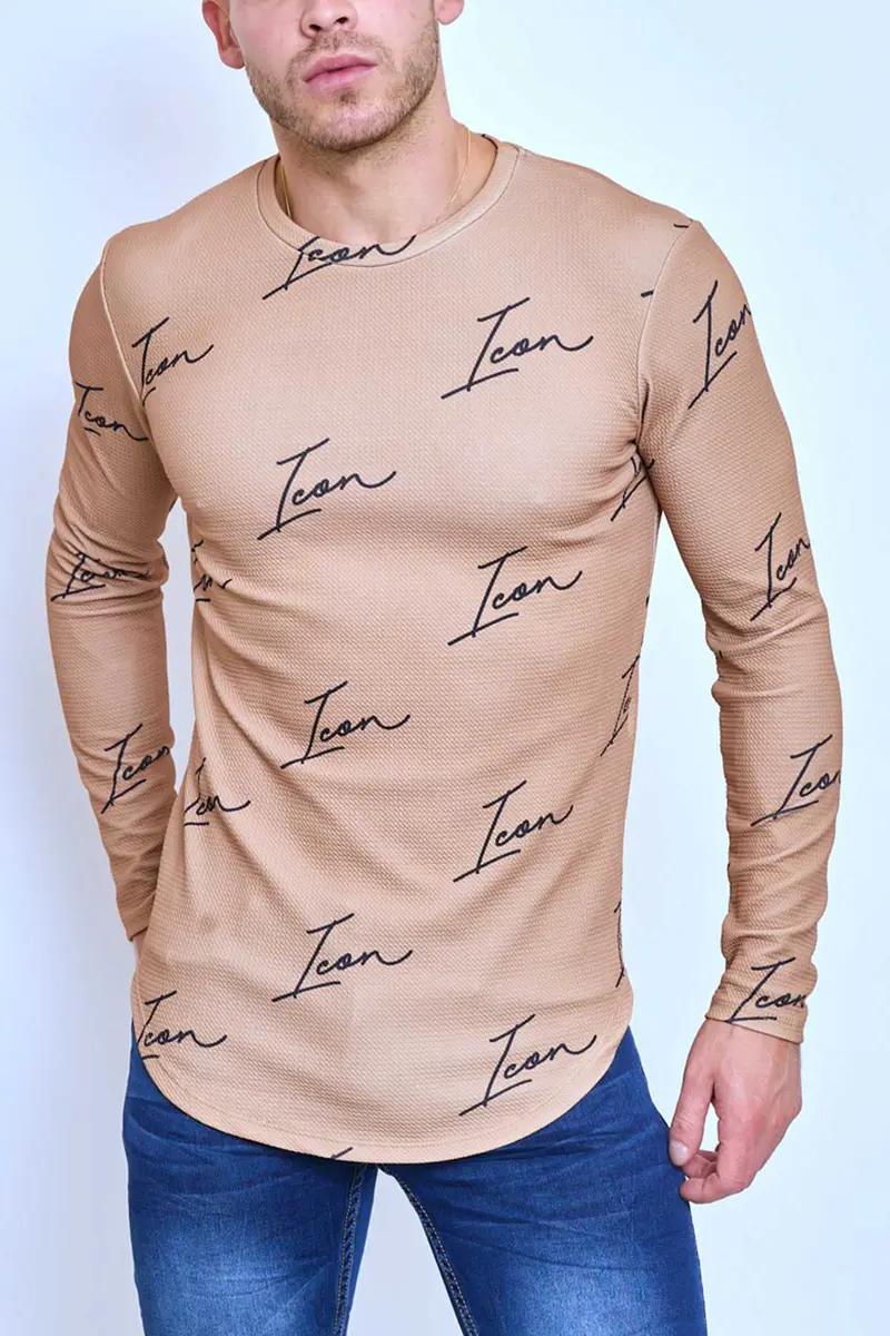 T-shirt manches longues beige col rond texte Icon fashion homme