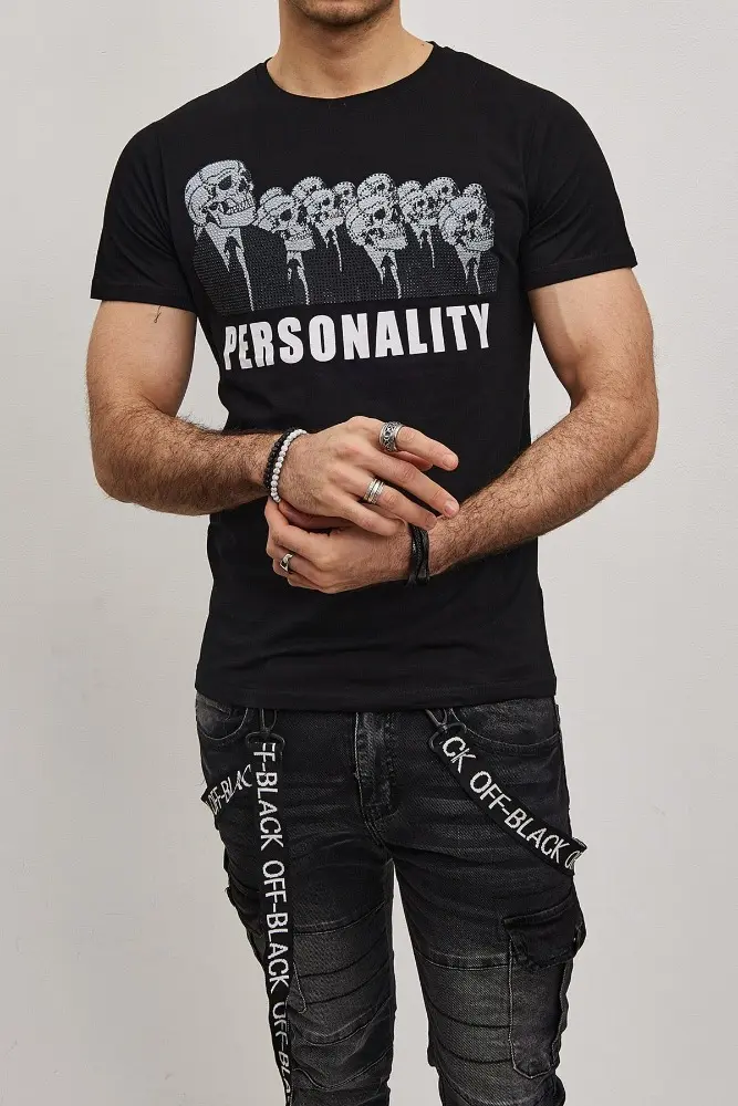 T-shirt noir avec imprimé tête de mort et strass homme
