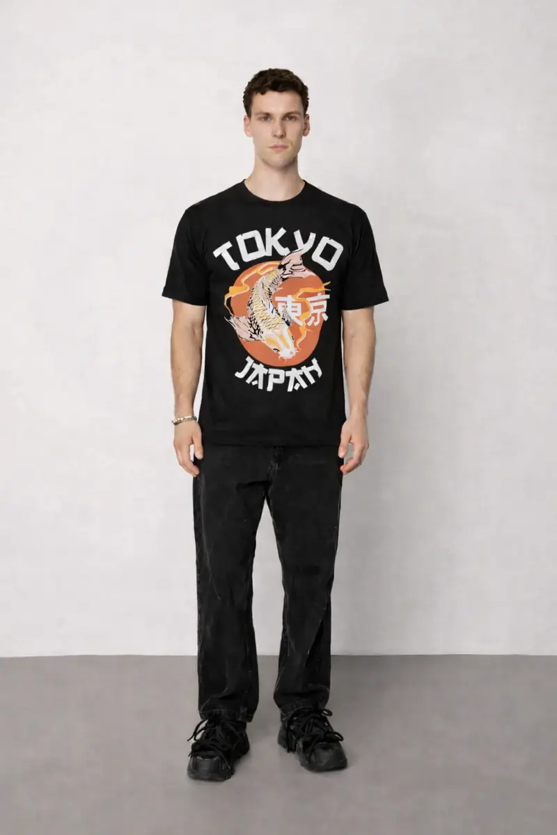 T-shirt noir manches courtes col rond motif Tokyo fashion homme