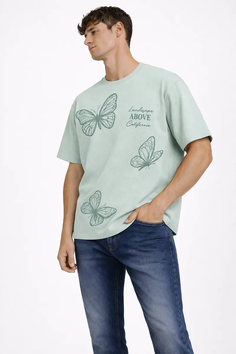 T-shirt Vert Homme Imprimé Papillons