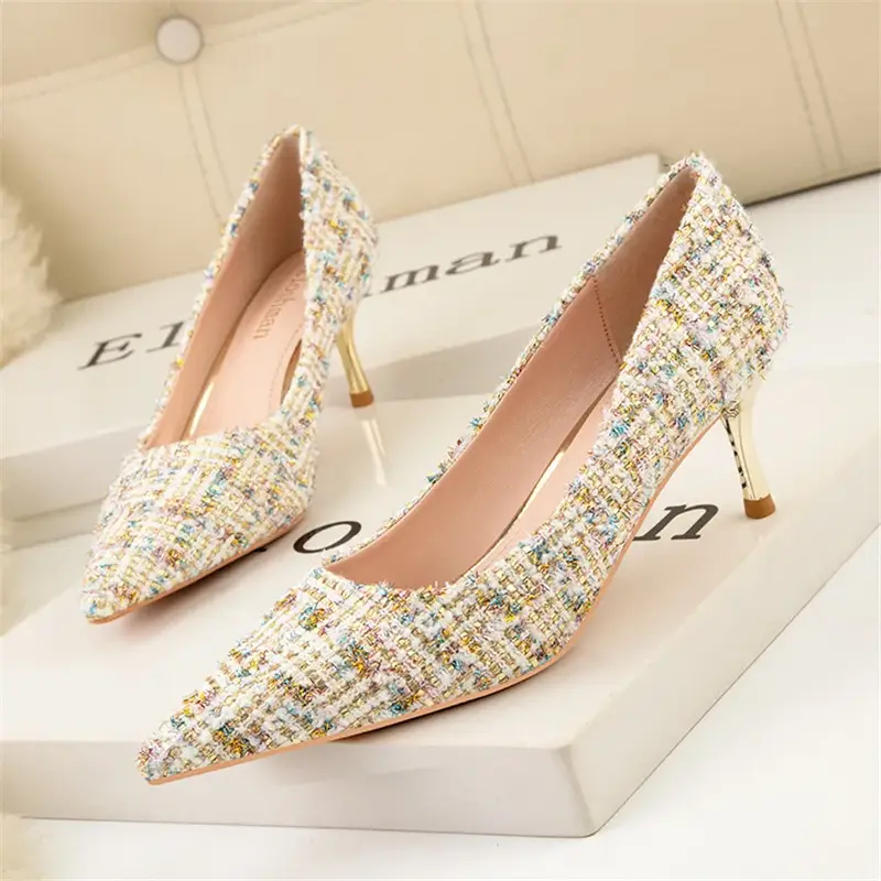 Talon en métal mode Costume Tweed femmes chaussures printemps Plaid bout pointu mariée femme pompes talons hauts dame peu profonde travail chaussure robe