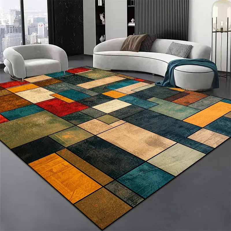 Tapis géométrique abstrait nordique pour salon, décoration en peluche pour la maison, rétro, non ald, polymères de sol, lavable, chambre à coucher, tapis de tous les jours