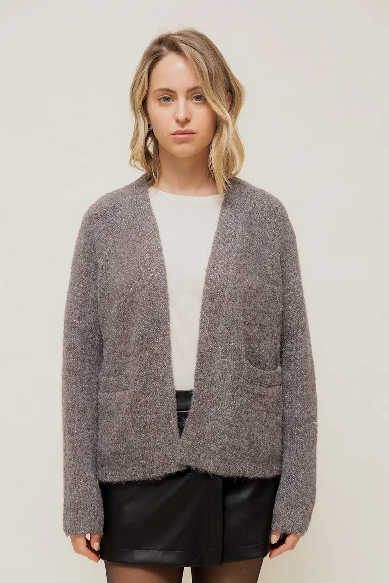 TARYNA - Gilet Ouvert Scintillant à Poches Gris