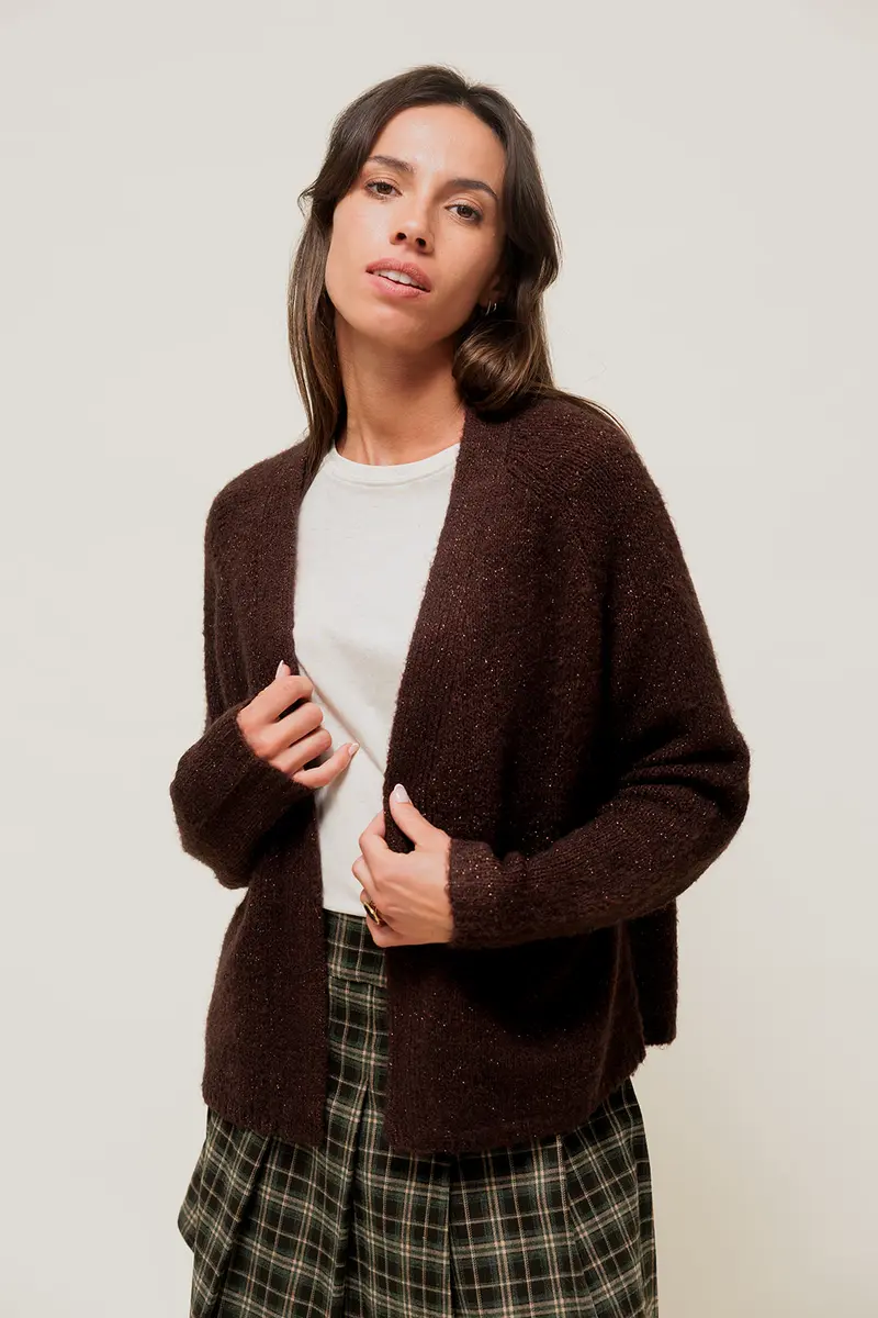 TARYNA - Gilet Ouvert Scintillant à Poches Marron