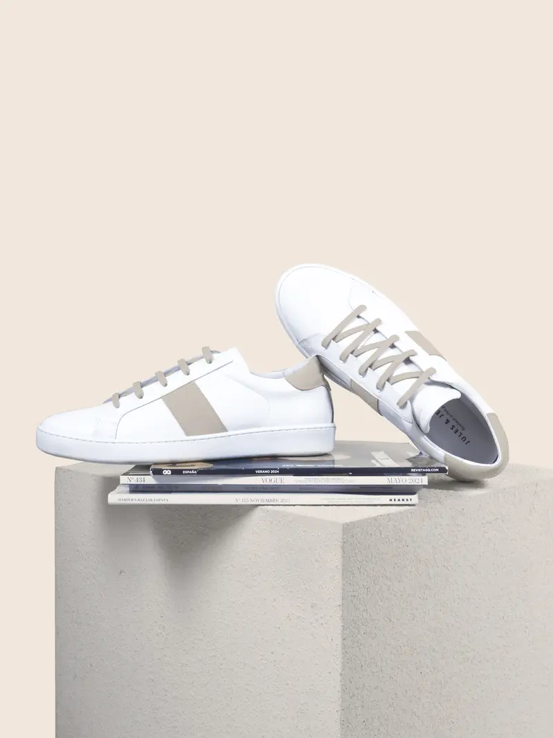 Tennis lacet cuir blanc camel