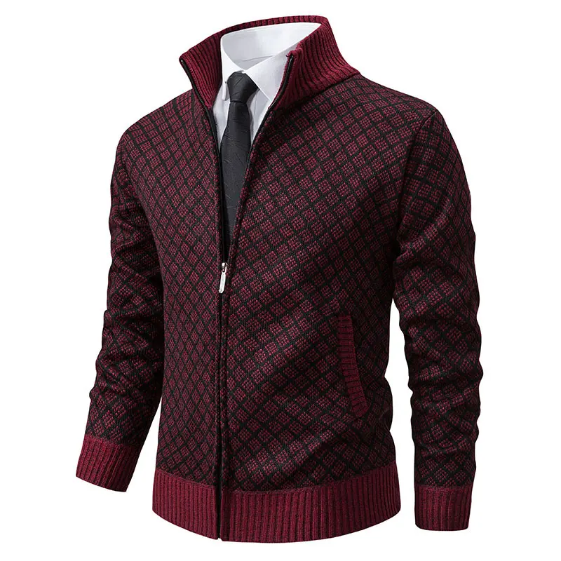 Thickened Plaid Print Jacket Cardigan Fashion Slim Fit Zipper Stand Collar Sweater Winter Men's Casual Long Sleeve Knitted Top Clothing