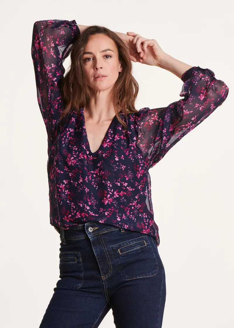 Top en voile à imprimé à fleurs bleu et violet