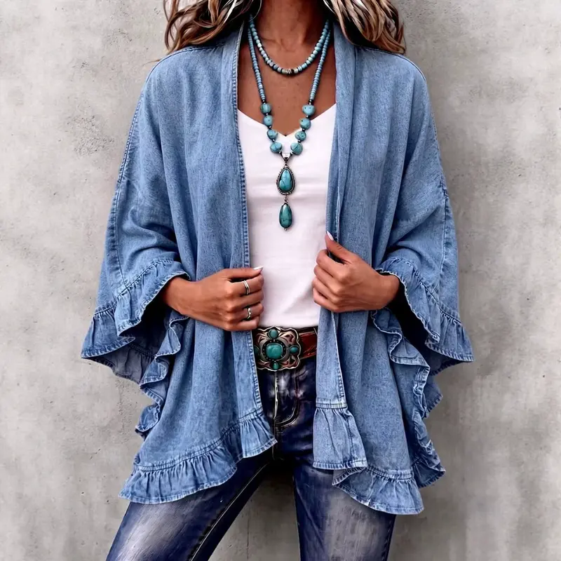 Top Femme Ample à Volants & Pompons – Coupe Fluide Couleur Unie